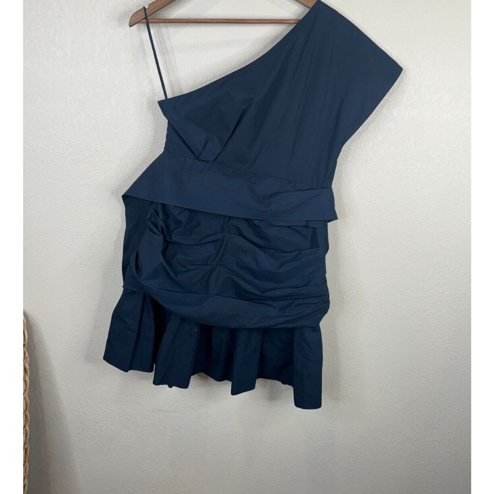 Derek Lam Crosby One Shoulder Dress Women 10 Navy Blue 100% Cotton Ruffle Hem